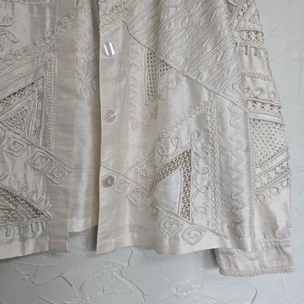 Vintage Silk Embroidered Lattice Cream Jacket, L - Picture 4 of 13